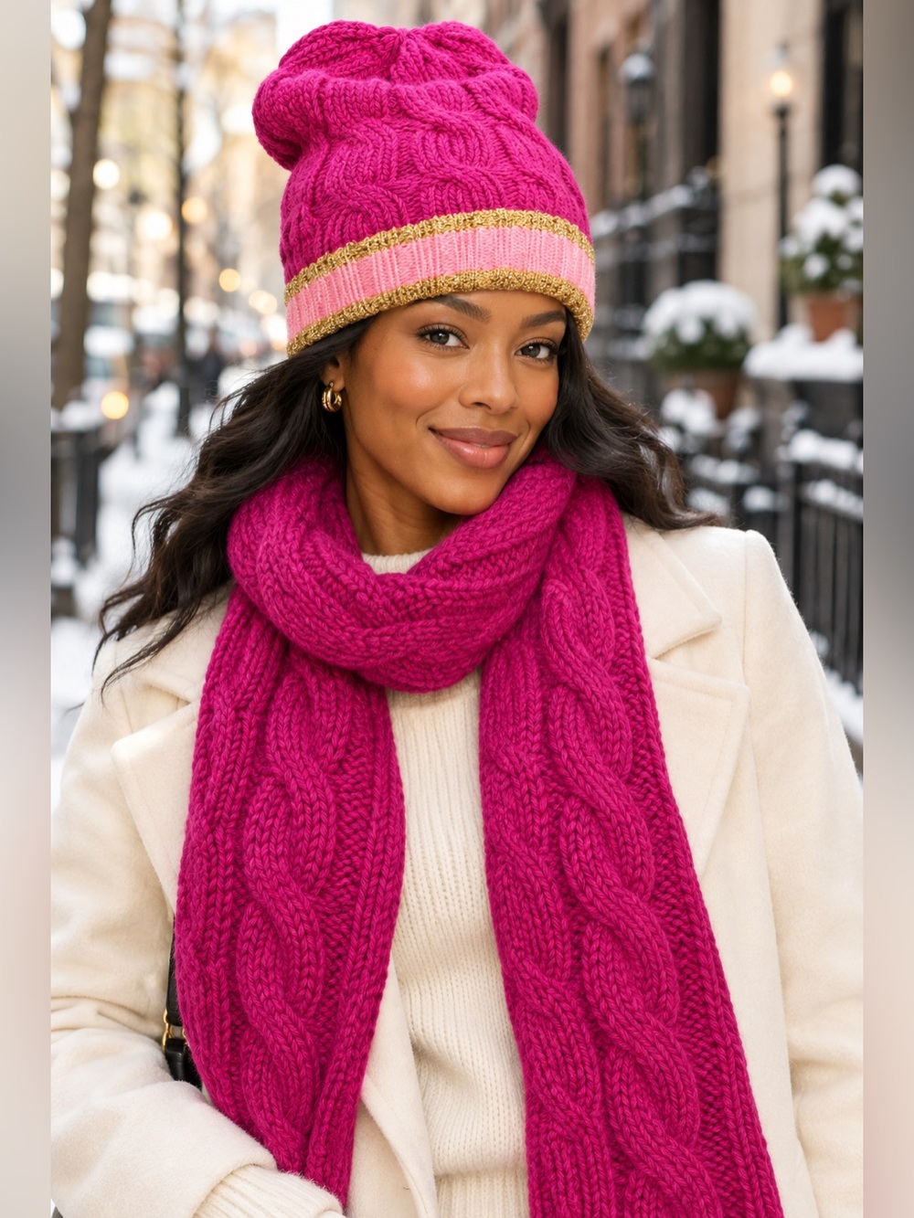 GUCCI Magenta WOOL CASHMERE Blend Knit Hat and SCARF
